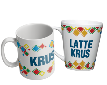 Krus eller kopper med tryk, både almindelige og latte også med flere tryk.